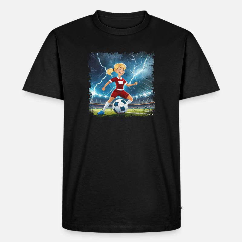 Fussballerin Comicfigur Stadion mit Blitzen - Männer Premium Bio T-Shirt - Schwarz