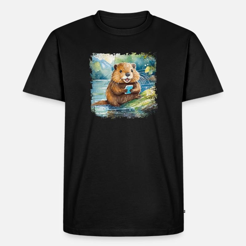 Niedlicher junger Biber mit Handy - Männer Premium Bio T-Shirt - Schwarz