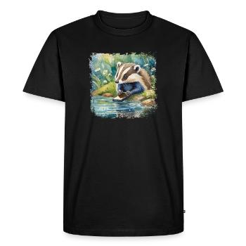 Mignon jeune blaireau avec téléphone portable, style de livre pour enfants - T-shirt Premium bio Homme - noir - Devant - Nico (187cm)