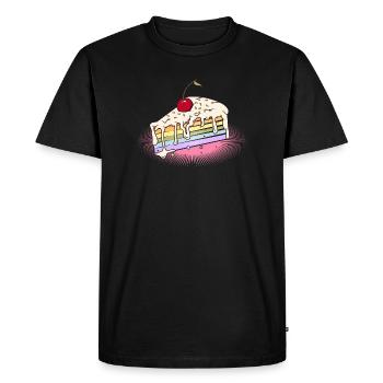 Morceau de gâteau arc-en-ciel avec cerise dans le style bande dessinée - T-shirt Premium bio Homme - noir - Devant - Nico (187cm)