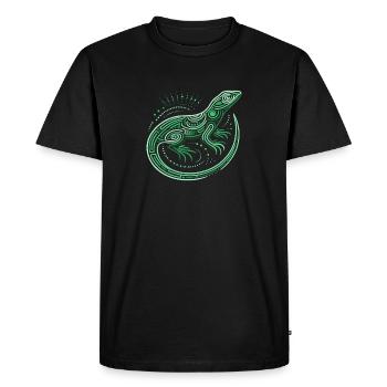 lézard nuances de vert, motifs aborigènes, tribal - T-shirt Premium bio Homme - noir - Devant - Nico (187cm)