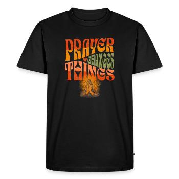 Prayer Hands Motif with Wish for Peace - Men's Premium Organic T-Shirt - black - Front - Nico (187cm)
