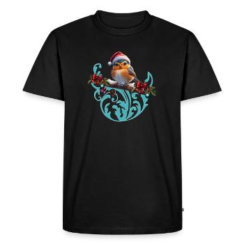 Cute Christmas bird sitting on a covered branch - Men's Premium Organic T-Shirt - black - Front - Nico (187cm)