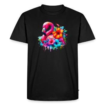 Flamingo decorated with hibiscus flowers - Men's Premium Organic T-Shirt - black - Front - Nico (187cm)