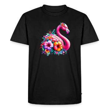 Flamingo decorated with hibiscus flowers - Men's Premium Organic T-Shirt - black - Front - Nico (187cm)