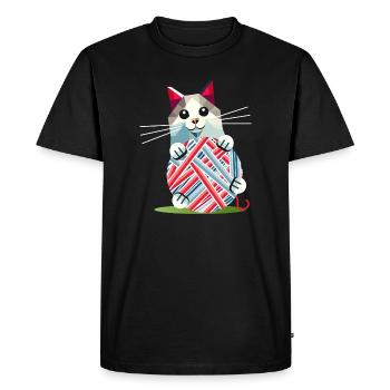 Chat jouant avec une pelote de laine – Motif géométrique - T-shirt Premium bio Homme - noir - Devant - Nico (187cm)