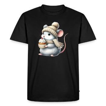 Souris mignonne avec un bonnet tricoté et un cupcake - T-shirt Premium bio Homme - noir - Devant - Nico (187cm)
