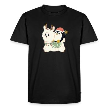 Alpaca and penguin celebrate Christmas - Men's Premium Organic T-Shirt - black - Front - Nico (187cm)