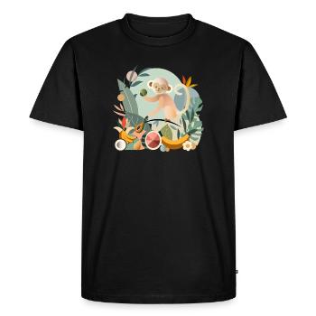 Playful monkey with tropical fruits - Men's Premium Organic T-Shirt - black - Front - Nico (187cm)