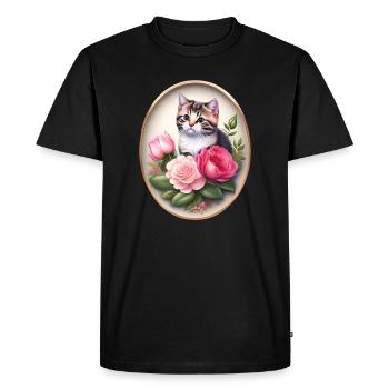 Portrait de chat vintage avec des roses - T-shirt Premium bio Homme - noir - Devant - Nico (187cm)