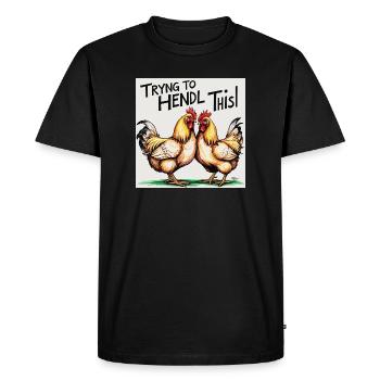 Poulets « Essayer de faire ça » - T-shirt Premium bio Homme - noir - Devant - Nico (187cm)