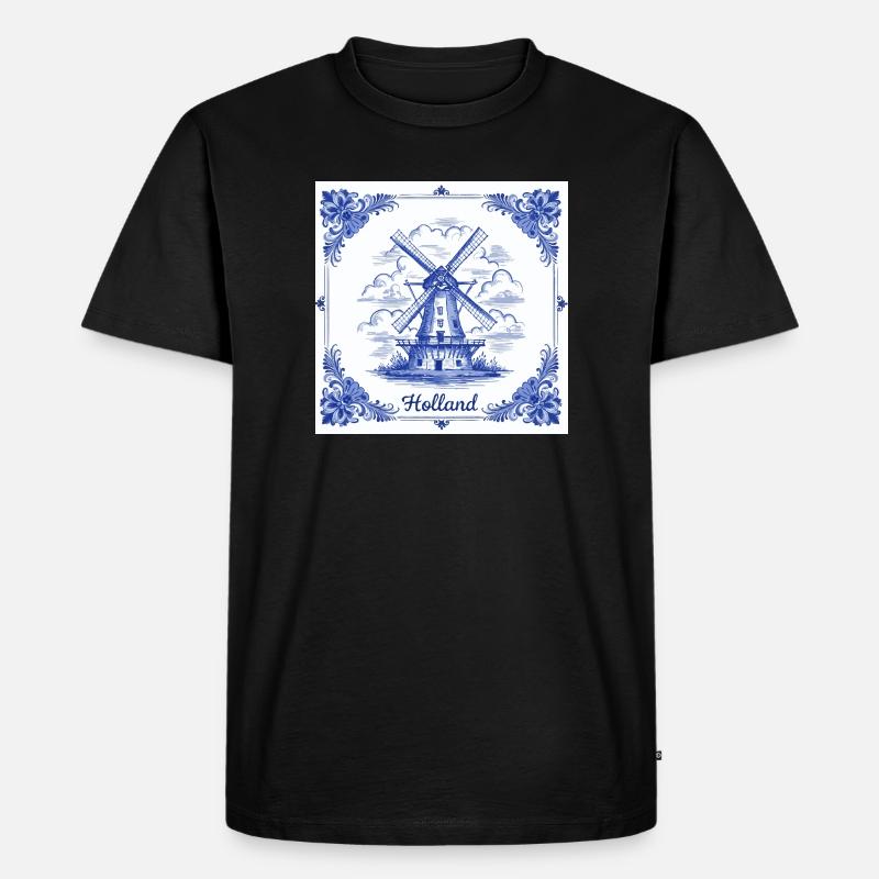 Delfter blauer Windmühlenkachel - Männer Premium Bio T-Shirt - Schwarz
