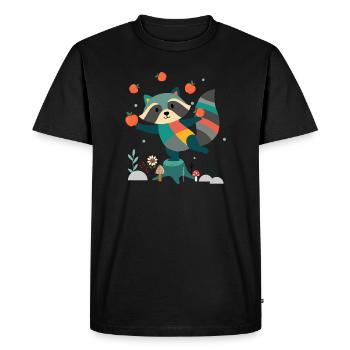Playful raccoon happily juggling apples - Men's Premium Organic T-Shirt - black - Front - Nico (187cm)