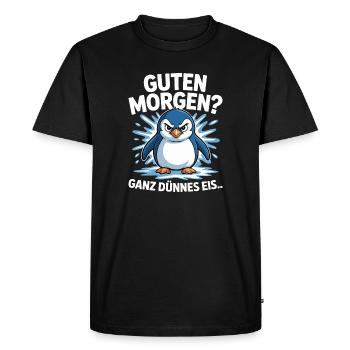 Good morning? Very thin ! Funny Penguin - Men's Premium Organic T-Shirt - black - Front - Nico (187cm)