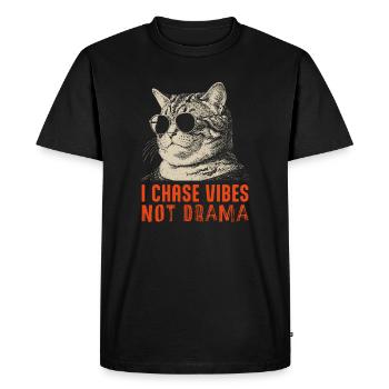 Je chasse les vibrations, pas le drame - chat détendu - T-shirt Premium bio Homme - noir - Devant - Nico (187cm)