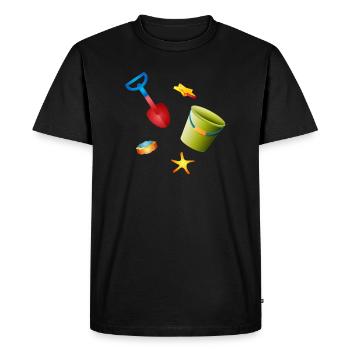 Pelle colorée et seau avec des moules sur la plage - T-shirt Premium bio Homme - noir - Devant - Nico (187cm)
