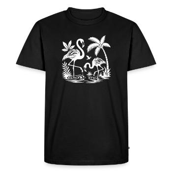 Scène tropicale de flamants roses et de palmiers - T-shirt Premium bio Homme - noir - Devant - Nico (187cm)