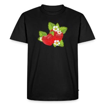 Fraises entourées de feuilles vertes et de fleurs - T-shirt Premium bio Homme - noir - Devant - Nico (187cm)
