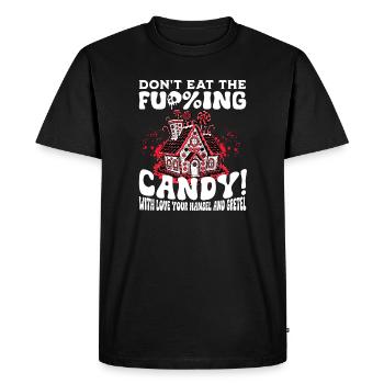 Maison en pain d’épices avec cannes de bonbon et slogans - T-shirt Premium bio Homme - noir - Devant - Nico (187cm)