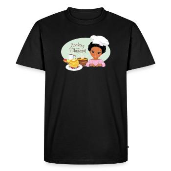 Une jolie fille à la peau foncée adore faire des crêpes - T-shirt Premium bio Homme - noir - Devant - Nico (187cm)