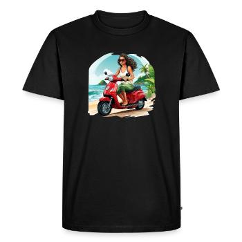 Femme avec un scooter rouge sur la plage - T-shirt Premium bio Homme - noir - Devant - Nico (187cm)