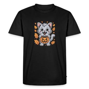Halloween Kitten with Pumpkin and Autumn Leaves - Men's Premium Organic T-Shirt - black - Front - Nico (187cm)