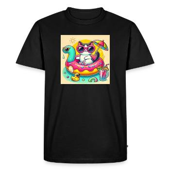 Chat Mignon sur Bouée Piscine Colorée - T-shirt Premium bio Homme - noir - Devant - Nico (187cm)
