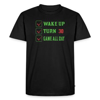 Réveillez-vous jusqu’à 30 heures : jouez toute la journée - T-shirt Premium bio Homme - noir - Devant - Nico (187cm)