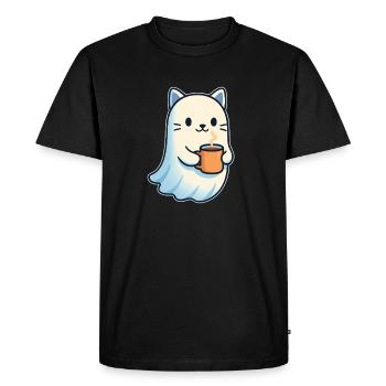 Coffee Ghost Cat with Mug - Men's Premium Organic T-Shirt - black - Front - Nico (187cm)