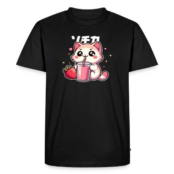 Chaton kawaii buvant smoothie fraise - T-shirt Premium bio Homme - noir - Devant - Nico (187cm)