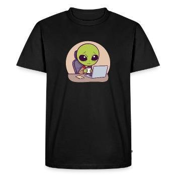 Stressed alien at desk with coffee - Men's Premium Organic T-Shirt - black - Front - Nico (187cm)