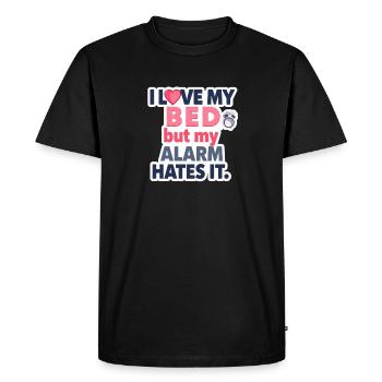 J’aime mon lit, mais mon réveil le déteste ⏰💤 - T-shirt Premium bio Homme - noir - Devant - Nico (187cm)