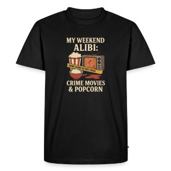 My Weekend Alibi – Films policiers et chemise pop-corn - T-shirt Premium bio Homme - noir - Devant - Nico (187cm)