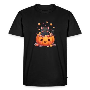 Halloween Cat with Halloween Pumpkin - Men's Premium Organic T-Shirt - black - Front - Nico (187cm)
