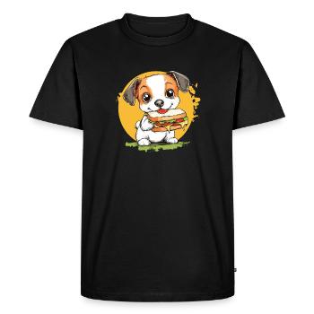 Petit chien dégustant un hamburger - T-shirt Premium bio Homme - noir - Devant - Nico (187cm)