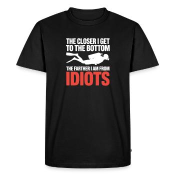 Plongée en bas : Plus proche plus loin des idiots - T-shirt Premium bio Homme - noir - Devant - Nico (187cm)