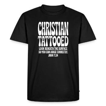 Typographie Tatouée Chrétienne en Gras - T-shirt Premium bio Homme - noir - Devant - Nico (187cm)