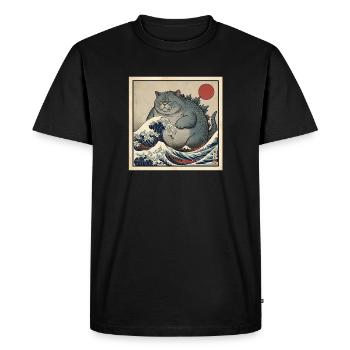 Monstre chat kaiju dans la mer de vagues japonaise - T-shirt Premium bio Homme - noir - Devant - Nico (187cm)
