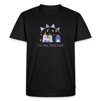 Live slow, party hard – Cute Cat Statement - Men's Premium Organic T-Shirt - black - Front - Nico (187cm)