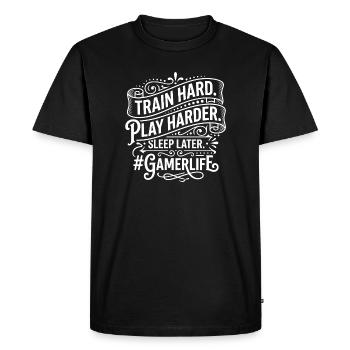 Devise de la vie de joueur : Entraînez-vous, jouez plus dur - T-shirt Premium bio Homme - noir - Devant - Nico (187cm)