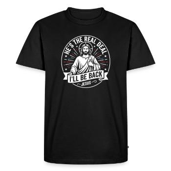 C’est le vrai truc, je reviendrai, Jésus - T-shirt Premium bio Homme - noir - Devant - Nico (187cm)