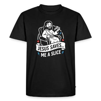 Jésus me garde une part drôle - T-shirt Premium bio Homme - noir - Devant - Nico (187cm)
