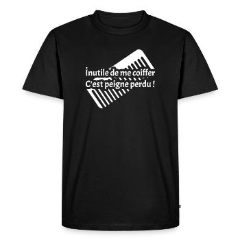 INUTILE DE ME COIFFER C'EST PEIGNE PERDU ! - T-shirt Premium bio Homme - noir - Devant - Nico (187cm)