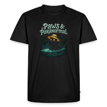 Pattes & Paranormal : Black Cat surfe avec Ghost - T-shirt Premium bio Homme - noir - Devant - Nico (187cm)