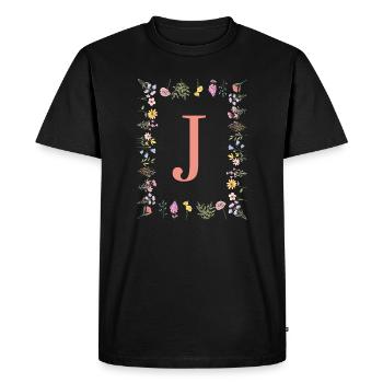 Initiales florales « J », monogramme de lettres - T-shirt Premium bio Homme - noir - Devant - Nico (187cm)