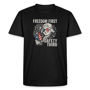 Freedom first, safety third – Jo - Men's Premium Organic T-Shirt - black - Front - Nico (187cm)