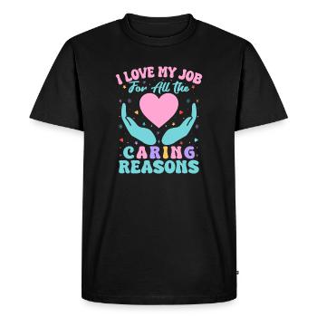 Citation d’assistant social : J’aime mon travail Raisons de s’attacher - T-shirt Premium bio Homme - noir - Devant - Nico (187cm)