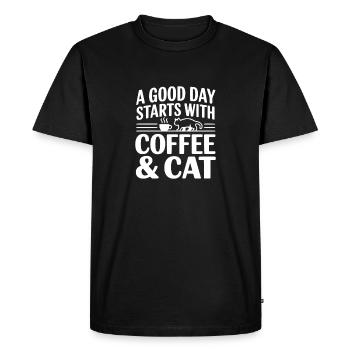 Une bonne journée commence par un café et un chat - T-shirt Premium bio Homme - noir - Devant - Nico (187cm)