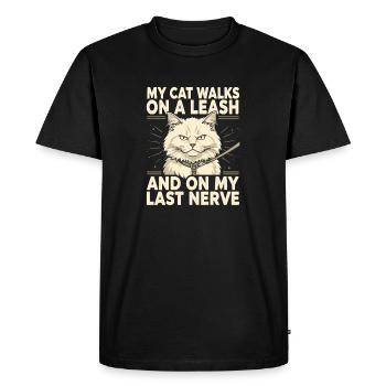 Un chat en laisse, c’est agaçant | Humour félin - T-shirt Premium bio Homme - noir - Devant - Nico (187cm)
