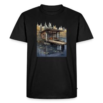 Cabine au bord du lac au crépuscule - T-shirt Premium bio Homme - noir - Devant - Nico (187cm)